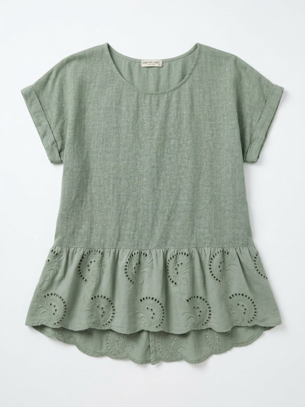 Terzo Millennio Made in Italy Sage Green Linen Eyelet Hem Tunic Top - Large - Picture 2 of 7